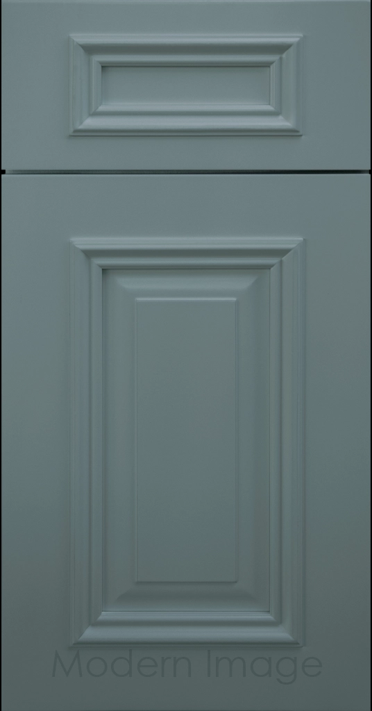 Heritage custom cabinets in a Sage finish with classic raised panel doors and modern flat slab drawers.